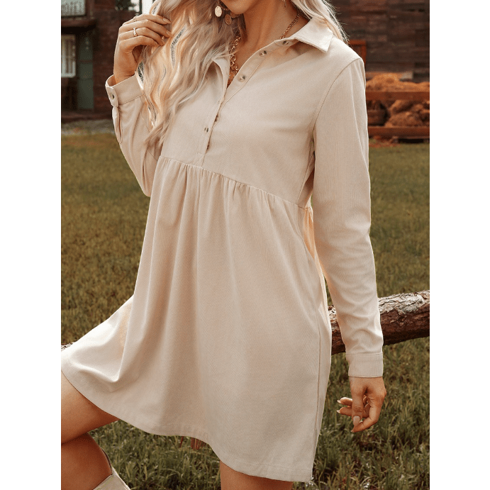 Murray Oatmeal Corduroy Half Button Collared Long Sleeve Mini Dress