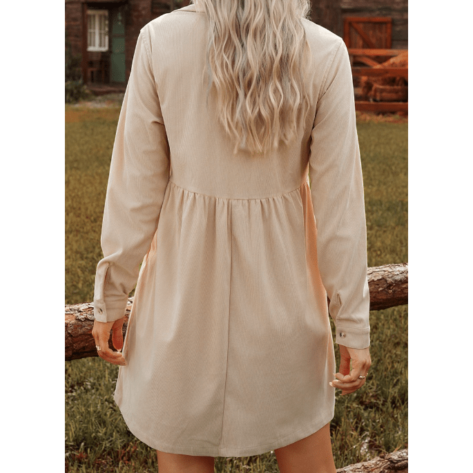 Murray Oatmeal Corduroy Half Button Collared Long Sleeve Mini Dress