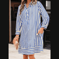 Robbin Blue Stripe Collared Half Button Side Pockets Loose Fit Mini Dress