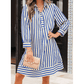 Robbin Blue Stripe Collared Half Button Side Pockets Loose Fit Mini Dress