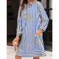 Robbin Blue Stripe Collared Half Button Side Pockets Loose Fit Mini Dress