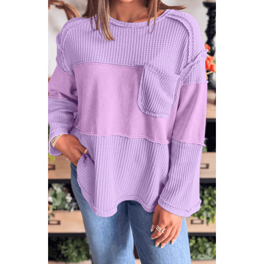 Kort Thermal Knit Contrast Textured Patchwork Long Sleeve Top