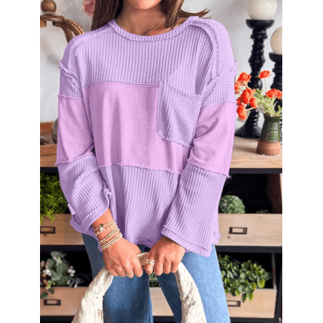Kort Thermal Knit Contrast Textured Patchwork Long Sleeve Top