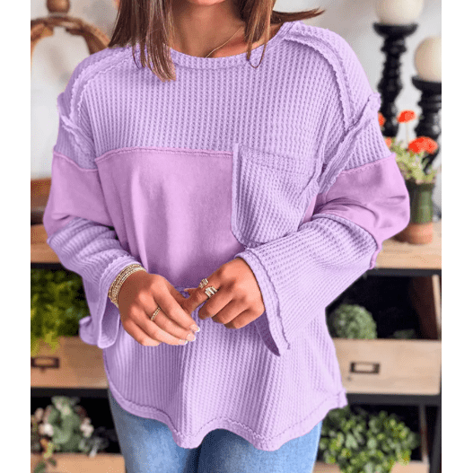 Kort Thermal Knit Contrast Textured Patchwork Long Sleeve Top