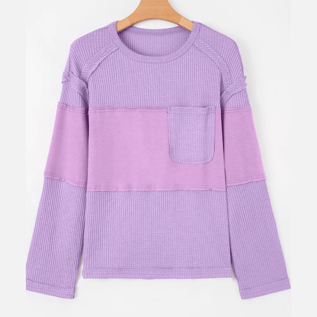 Kort Thermal Knit Contrast Textured Patchwork Long Sleeve Top
