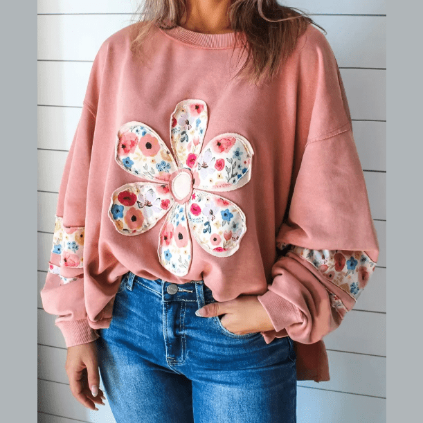 Elodie Peach Blossom Floral Applique Baggy Pullover Sweatshirt