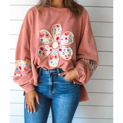 Elodie Peach Blossom Floral Applique Baggy Pullover Sweatshirt