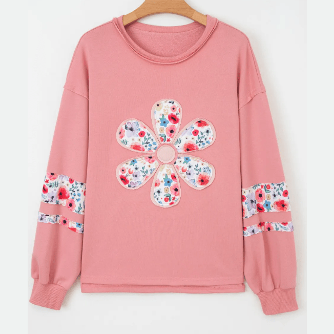 Elodie Peach Blossom Floral Applique Baggy Pullover Sweatshirt