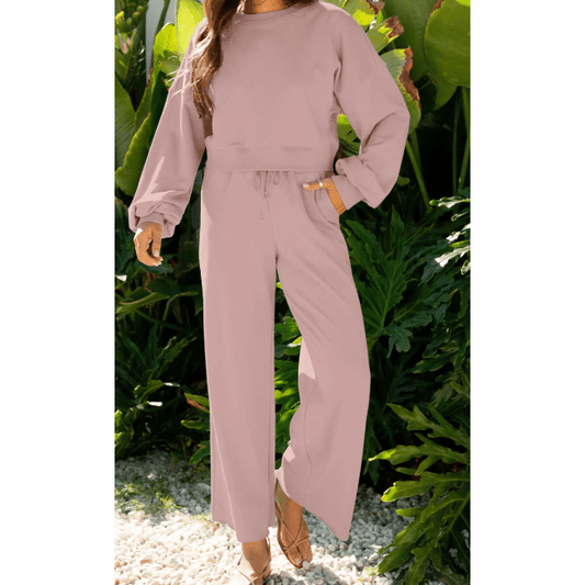 Cherie Light Pink Drop Shoulder Puff Sleeve Crop Pullover Drawstring Wide Leg Pants Set