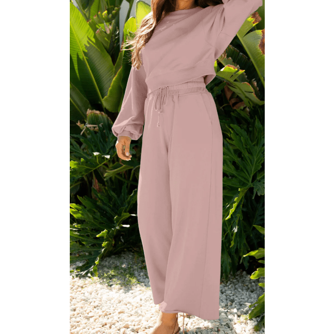 Cherie Light Pink Drop Shoulder Puff Sleeve Crop Pullover Drawstring Wide Leg Pants Set