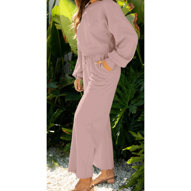 Cherie Light Pink Drop Shoulder Puff Sleeve Crop Pullover Drawstring Wide Leg Pants Set