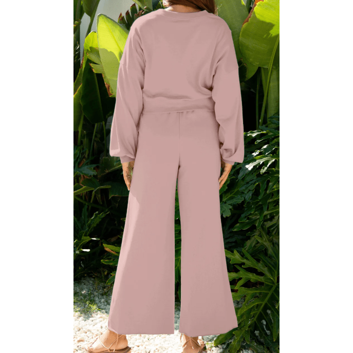 Cherie Light Pink Drop Shoulder Puff Sleeve Crop Pullover Drawstring Wide Leg Pants Set