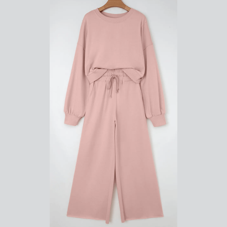 Cherie Light Pink Drop Shoulder Puff Sleeve Crop Pullover Drawstring Wide Leg Pants Set