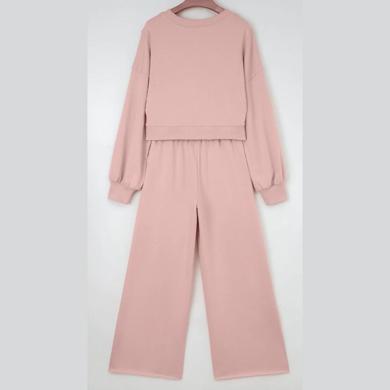 Cherie Light Pink Drop Shoulder Puff Sleeve Crop Pullover Drawstring Wide Leg Pants Set