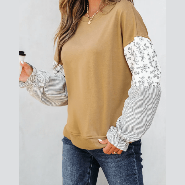 Kynlee Camel Floral Striped Patchwork Ruffled Sleeve Crew Neck Sweatshirt