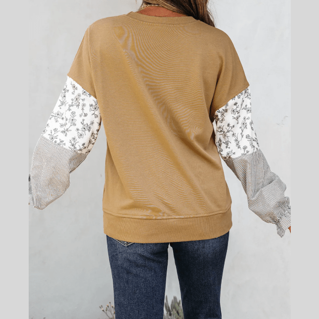 Kynlee Camel Floral Striped Patchwork Ruffled Sleeve Crew Neck Sweatshirt