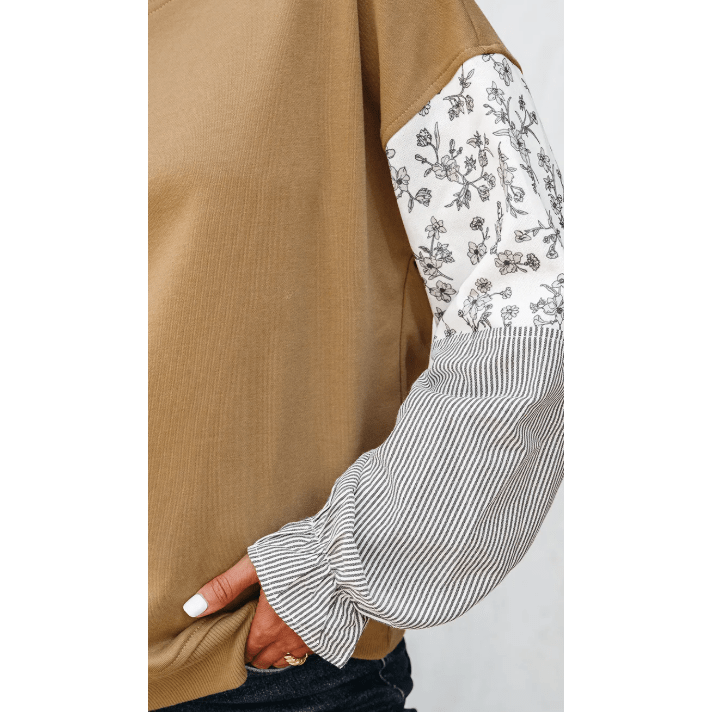 Kynlee Camel Floral Striped Patchwork Ruffled Sleeve Crew Neck Sweatshirt