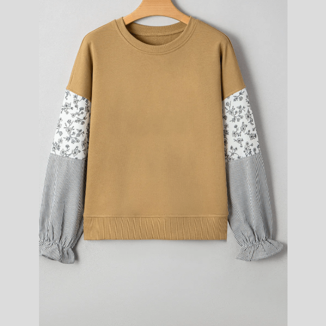 Kynlee Camel Floral Striped Patchwork Ruffled Sleeve Crew Neck Sweatshirt