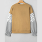 Kynlee Camel Floral Striped Patchwork Ruffled Sleeve Crew Neck Sweatshirt