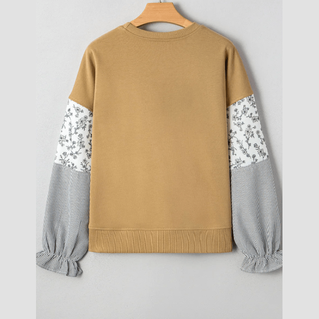 Kynlee Camel Floral Striped Patchwork Ruffled Sleeve Crew Neck Sweatshirt