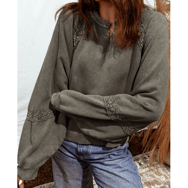 Lilian Grey Lace Patchwork Detail Notched Neck Mineral Wash Baggy Sweatshirt