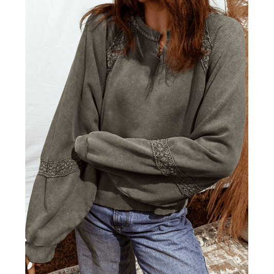 Lilian Grey Lace Patchwork Detail Notched Neck Mineral Wash Baggy Sweatshirt