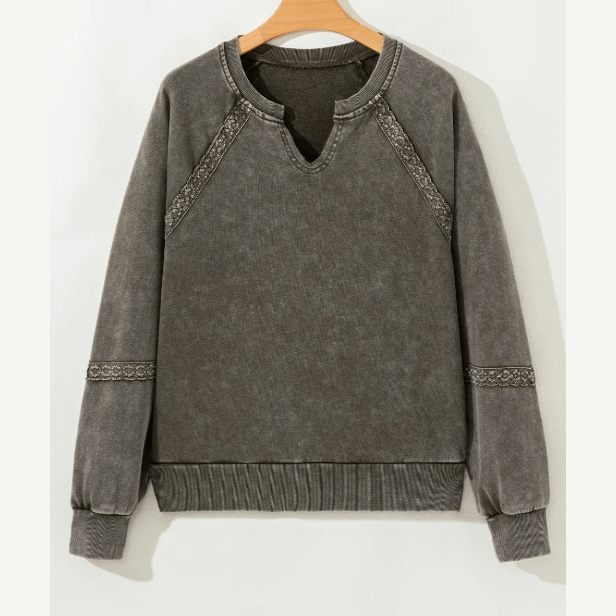 Lilian Grey Lace Patchwork Detail Notched Neck Mineral Wash Baggy Sweatshirt