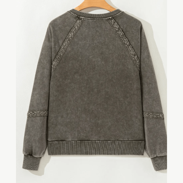 Lilian Grey Lace Patchwork Detail Notched Neck Mineral Wash Baggy Sweatshirt