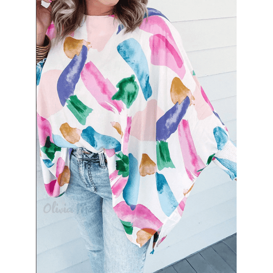 RTS Graffiti Print Dolman Sleeve Blouse with Artistic Brushstroke Pattern