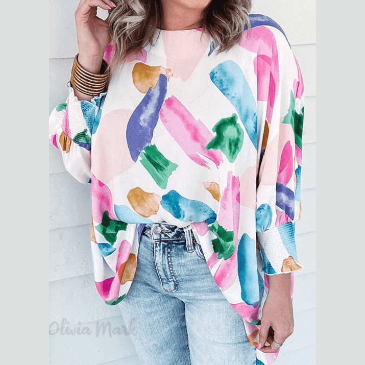 RTS Graffiti Print Dolman Sleeve Blouse with Artistic Brushstroke Pattern