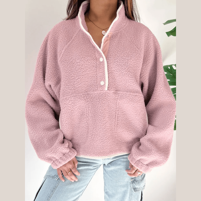 RTS Stand Neck Half Button Zip Pocket Plush Sweatshirt