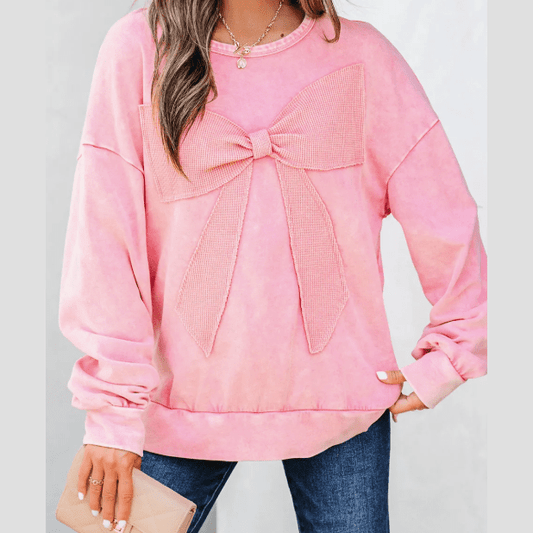 RTS Pink Mineral Wash Big Bow Patchwork Pullover Sweatshirt