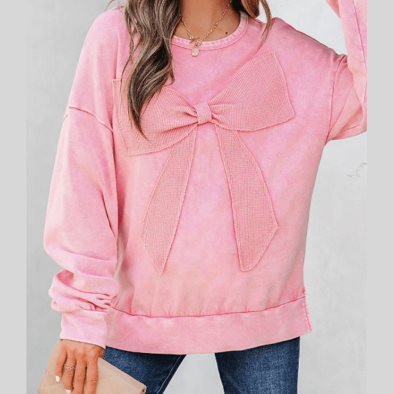 RTS Pink Mineral Wash Big Bow Patchwork Pullover Sweatshirt