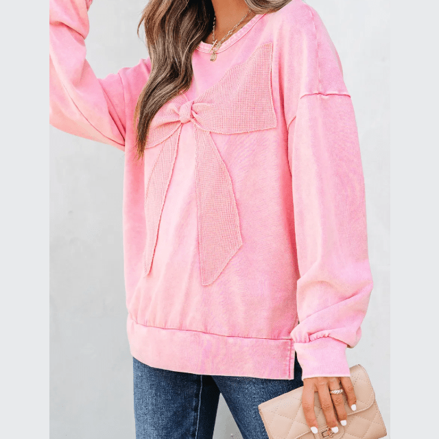 RTS Pink Mineral Wash Big Bow Patchwork Pullover Sweatshirt