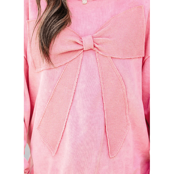 RTS Pink Mineral Wash Big Bow Patchwork Pullover Sweatshirt