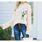 RTS White Embroidered Flower Bouquet Ribbed Trim Loose Sweater