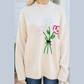 RTS White Embroidered Flower Bouquet Ribbed Trim Loose Sweater