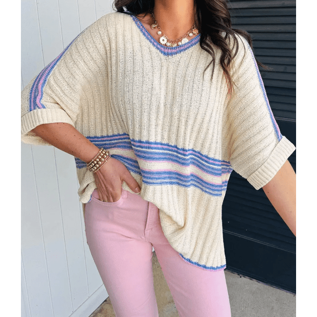 Claudi Striped V Neck Dolman Sleeve Rib Knit Oversized Sweater with Slits