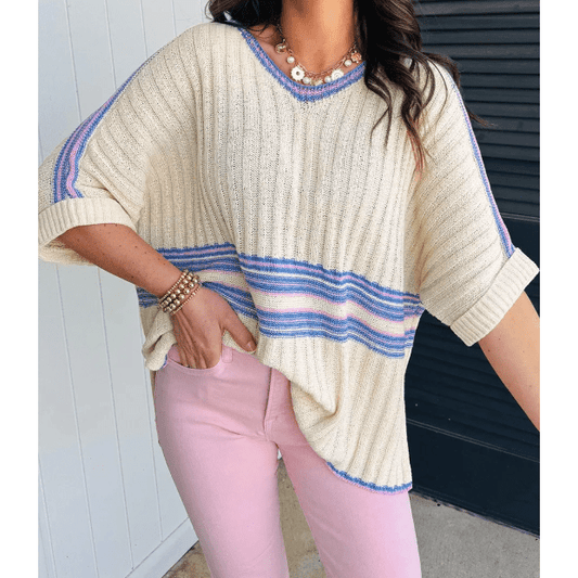Claudi Striped V Neck Dolman Sleeve Rib Knit Oversized Sweater with Slits