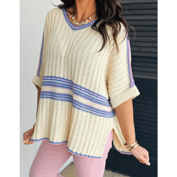 Claudi Striped V Neck Dolman Sleeve Rib Knit Oversized Sweater with Slits