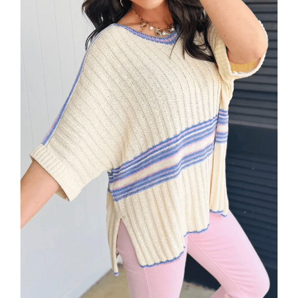 Claudi Striped V Neck Dolman Sleeve Rib Knit Oversized Sweater with Slits