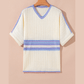 Claudi Striped V Neck Dolman Sleeve Rib Knit Oversized Sweater with Slits