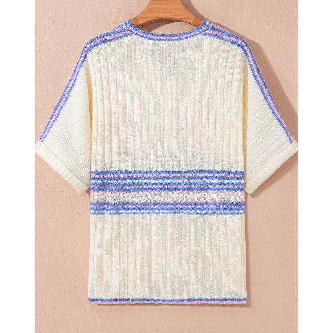 Claudi Striped V Neck Dolman Sleeve Rib Knit Oversized Sweater with Slits