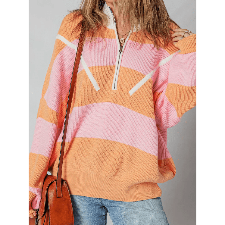 Winslee Orange Stripe Colorblock Half Zip Oversize Sweater