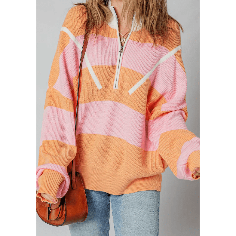 Winslee Orange Stripe Colorblock Half Zip Oversize Sweater