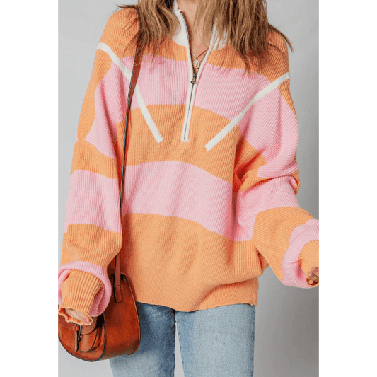 Winslee Orange Stripe Colorblock Half Zip Oversize Sweater