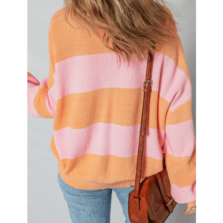 Winslee Orange Stripe Colorblock Half Zip Oversize Sweater