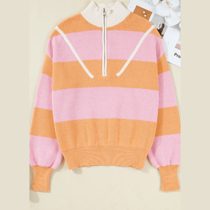 Winslee Orange Stripe Colorblock Half Zip Oversize Sweater