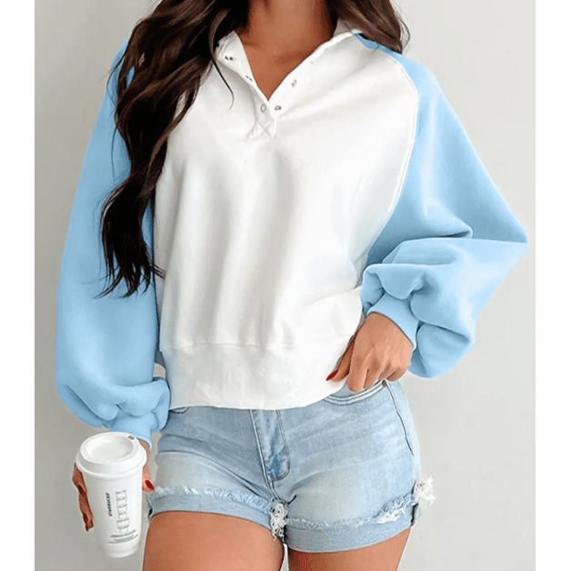 Amia Beau Blue Colorblock Snap Buttons Pullover Sweatshirt