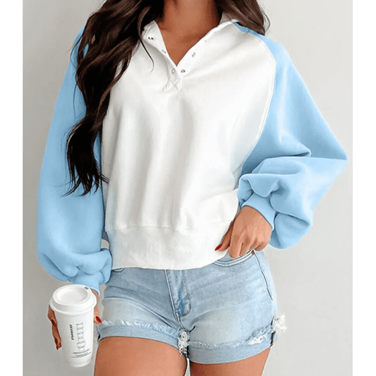 Amia Beau Blue Colorblock Snap Buttons Pullover Sweatshirt